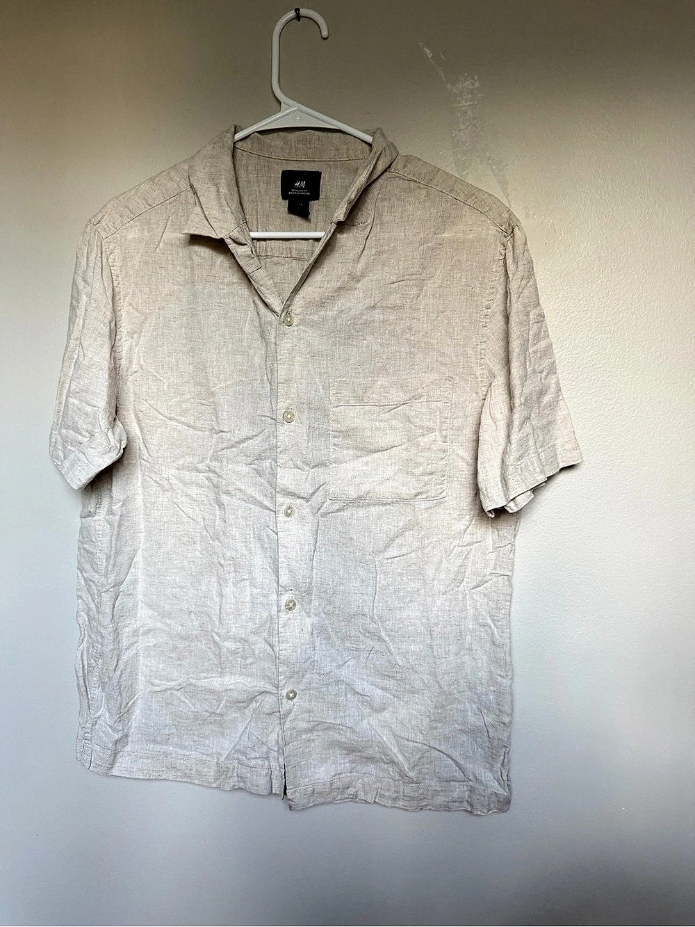 H&M Men's Beige Linen Short Sleeve Button-Up Size Small